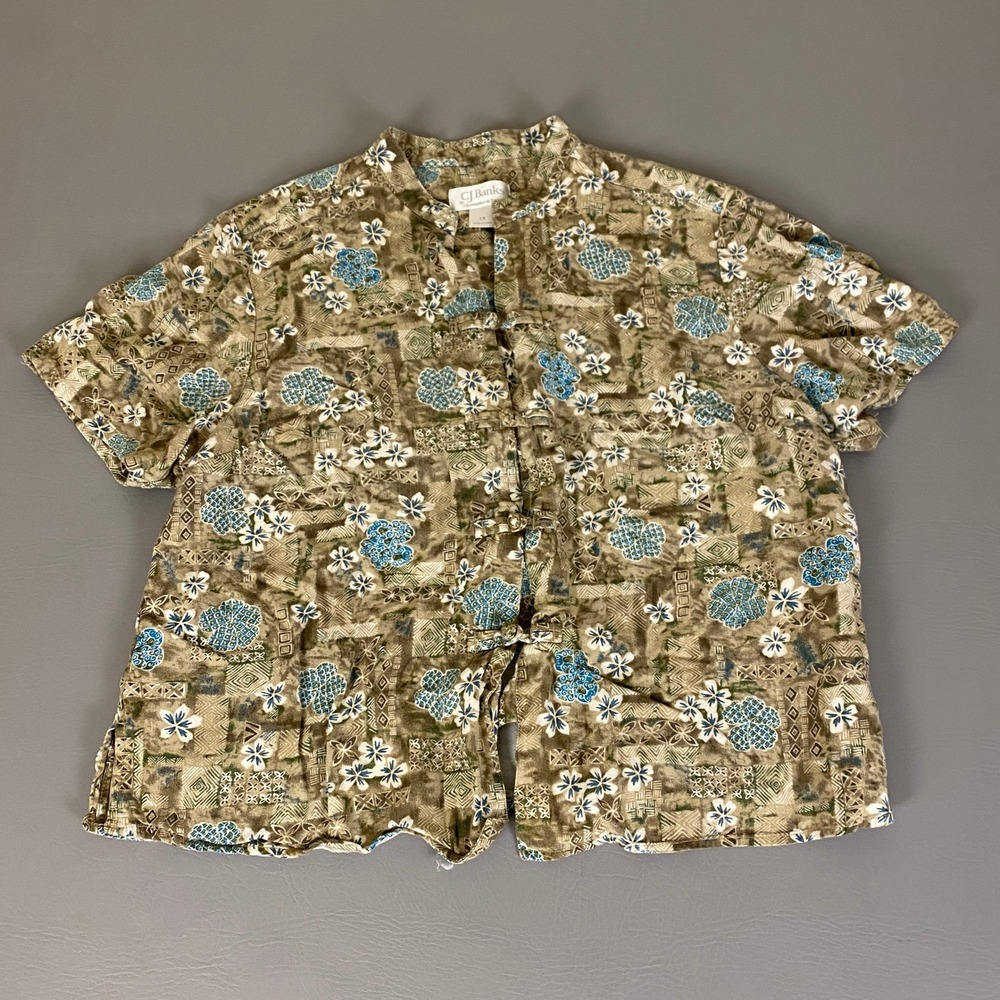 C.J. Banks Tunic Top Plus Size 1X Floral Rayon Shirt Button Down Beige Blue
